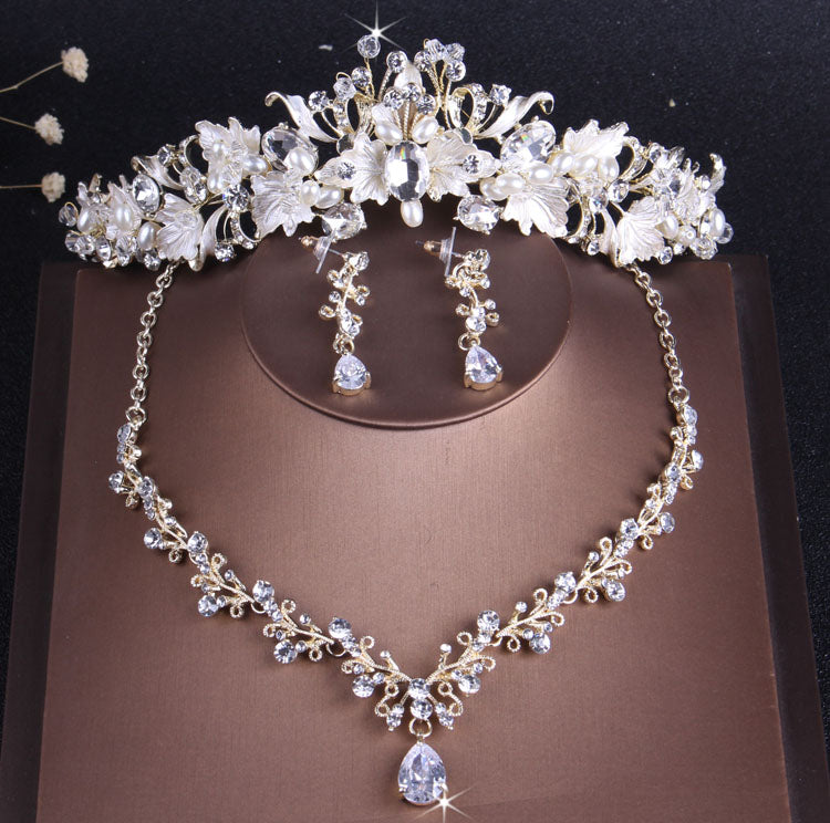 Baroque Vintage Gold Color Crystal Pearl Costume Jewelry Sets Rhinestone Choker Necklace Earring Tiara Crown Wedding Jewelry Set