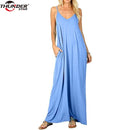 Women Long dress Female Summer V Neck Spaghetti Strap Plain Flowy Pockets Loose Beach Cami Maxi Dress Casual Sundress Robe Femme