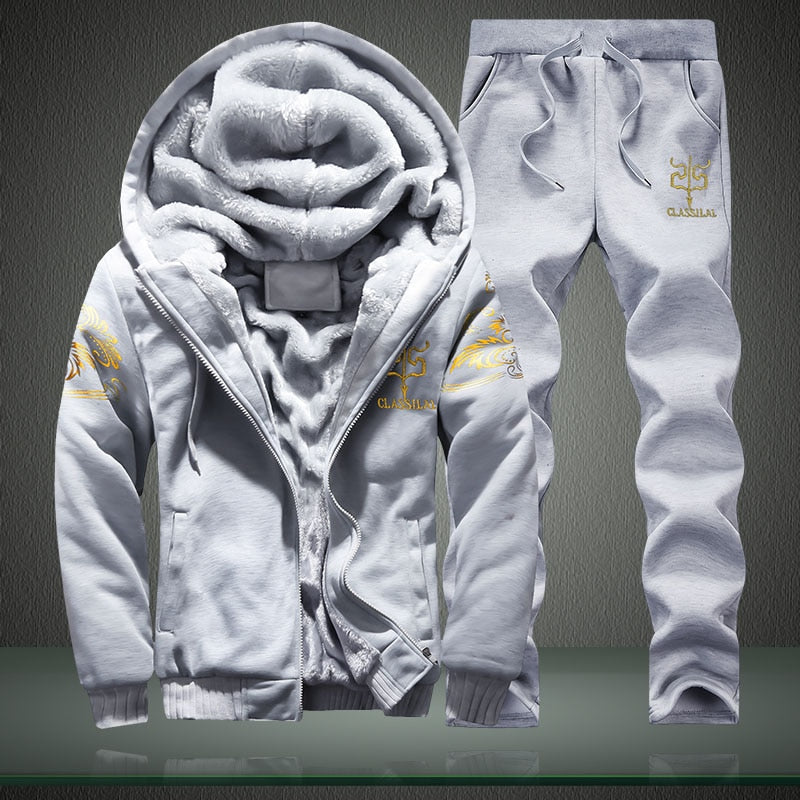 New Winter Tracksuits Men Set Thick Fleece Hoodies+Pants Suit Zipper Hooded Sweatshirt Sportswear Set Male Hoodie Sporting Suits