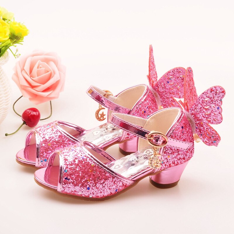 ULKNN Girls Sandals Rhinestone Butterfly pink Latin dance shoes 5-13 years old 6 children 7 summer high Heel Princess shoes kids