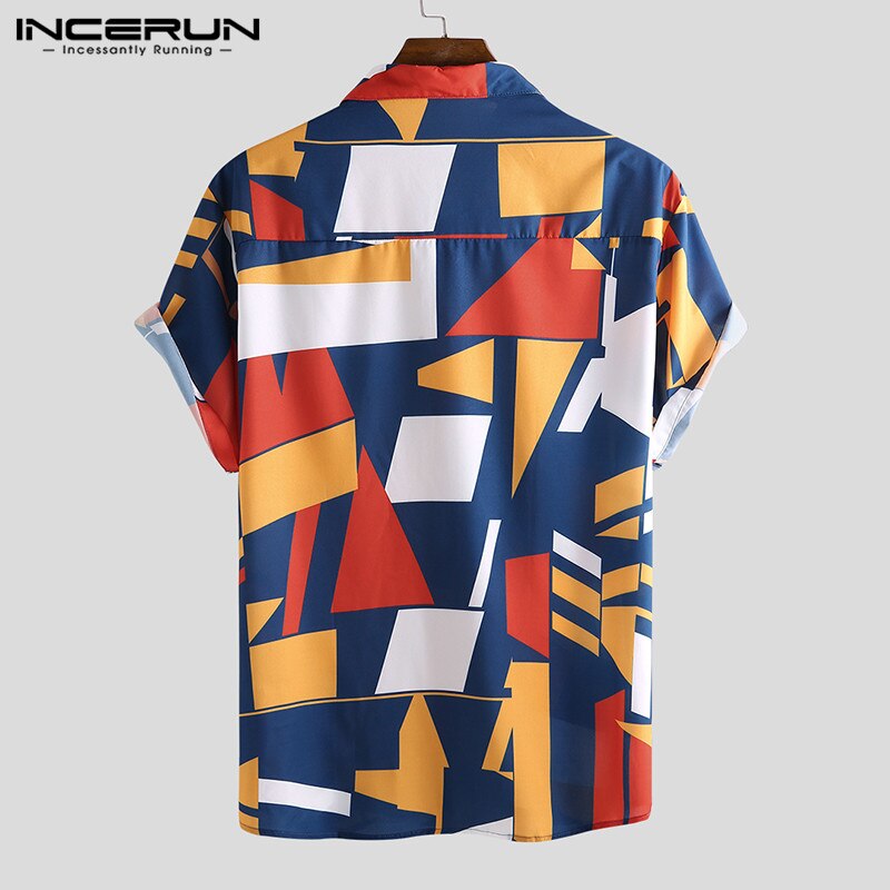 INCERUN Summer Men Beach Shirt Geometric Print Short Sleeve Lapel Neck Button Leisure Hawaiian Shirts Men 2023 Streetwear S-5XL