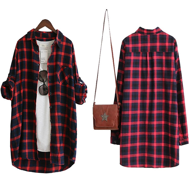 Women Blouse Shirt Loose Casual Plaid Shirts Long Sleeve Large Size Tops Womens Blouses Red Green 2021