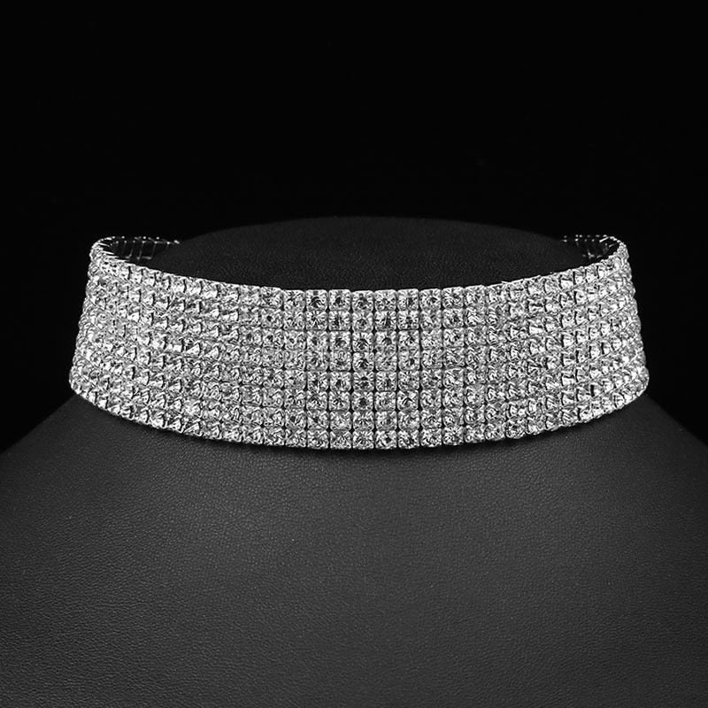 TREAZY Wedding Party 8 Row Rhinestone Choker Chain Necklace for Women Bridal Diamante Crystal Choker Necklace Elastic Cord