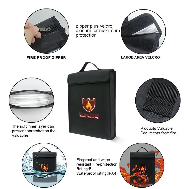 Security Fireproof Document Bag Safe Bag Cash File Envelope Organizer with Strong Handle 38x30x6.5cm Silicone Coated Fiberglass
