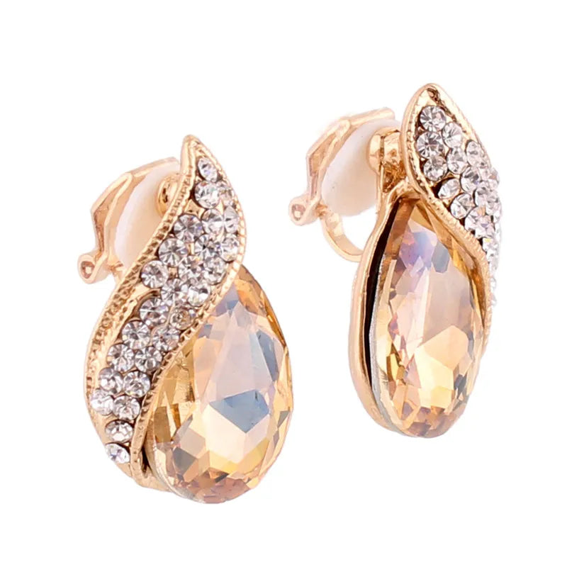 High-grade Rhinestone Crystal Tear Drop Shape Clip on Earrings Non Piercing for Women Wedding Luxury No Hole Earrings New