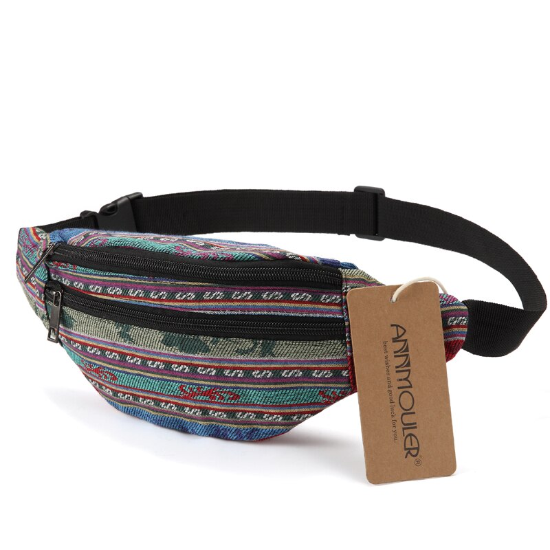 Annmouler New Women Fanny Pack 8 Colors Fabric Waist Packs Bohemian Style Waist Bag 2 Pocket Waist Belt Bag Travel Phone Pouch