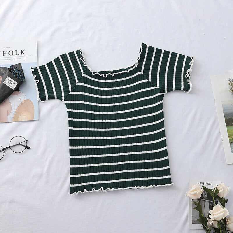 HELIAR Women T-Shirts Knitting Stripes Off Shoulder Flounce Hem Tees Women Short Sleeve T-Shirt Cute Crop Tops Women 2023 Summer