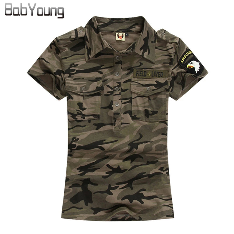 BabYoung Summer Casual Polo Feminina Women Tops Camouflage Army Cotton Shirts Polo Femme Polos Mujer Short Sleeve Shirt M~5XL