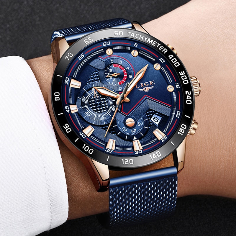 2022 New LIGE Blue Casual Mesh Belt Fashion Quartz Gold Watch Mens Watches Top Brand Luxury Waterproof Clock Relogio Masculino