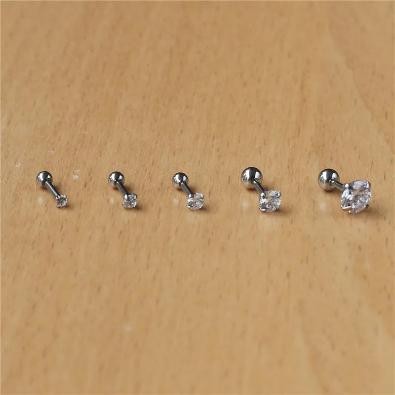 2pcs 316l Stainless Steel Screw-back Zircon Stud Earrings 2mm to 8mm Classical Style No Fade Allergy Free