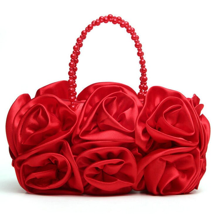 Boutique De FGG Red Flower Rose Bush Women Satin Evening Purse Beaded Handle Totes Bag Wedding Handbag Bridal Clutch