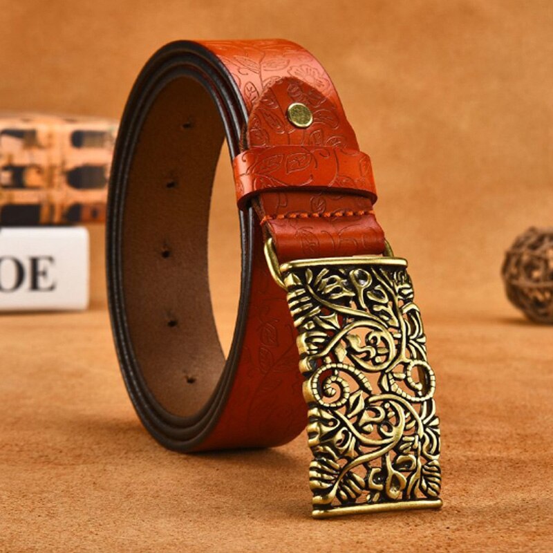 COOLERFIRE Genuine Cowskin Leather Belts For Women Carved Design Retro Metal Women Strap Female High Quality Belts LB015