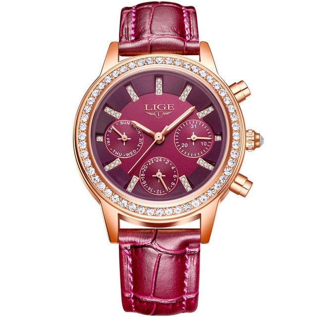 LIGE Top Luxury Brand Women Watches Leisure fashion Leather Quartz Ladies Diamond Dress watch Female gift Relogio Feminino+Box