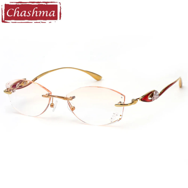 Chashma Quality Pure Titanium Glasses Women Rimless Frame Tint Lenses Diamond Rhinestone Glass Engraved with Flower