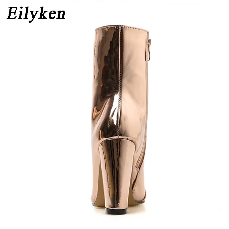 Eilyken Fashion Gold Silver Patent Leather Women Ankle Boots Pointed Toe High Heel Sexy Stiletto Pumps Chelsea Botas Mujer