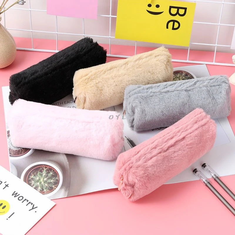 Solid Color Plush Pencil Case School Pencil Cases Bag Stationery For Girls School Supplies Tools