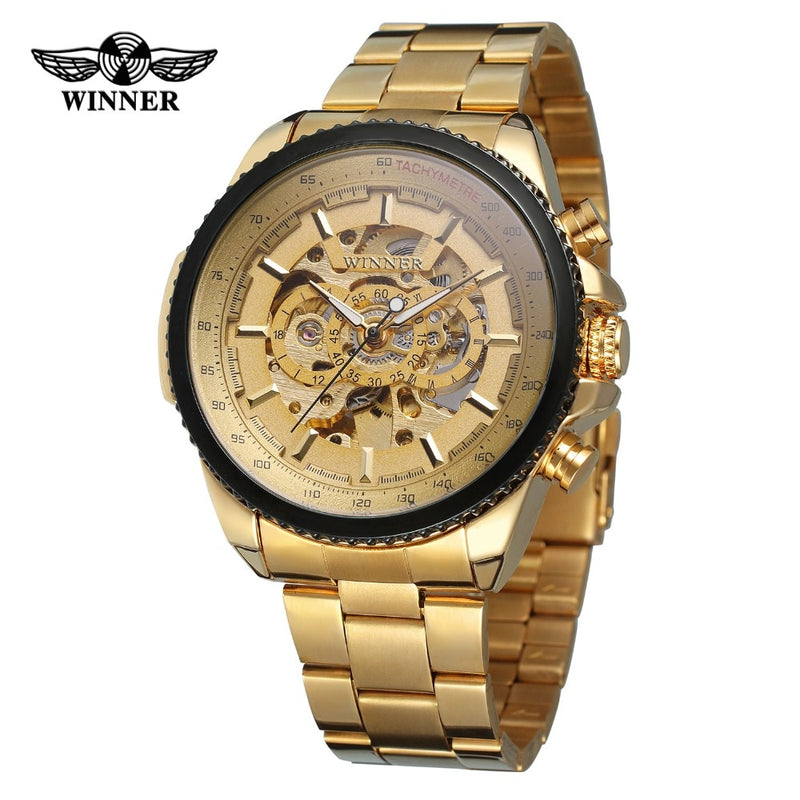 Top Brand Luxury Gold WINNER Men Watch Cool Mechanical Automatic Wristwatch Stainless Steel Band Male Clock Skeleton Roman Dial