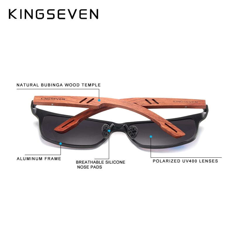 KINGSEVEN Designer Handmade Women Sunglasses Men Polarized Natural Bubinga Wooden+Aluminum Fashion Sun Glasses Square UV400