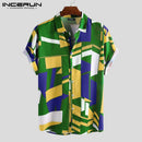 INCERUN Sommer Herren Strandhemd Geometrischer Druck Kurzarm Revers-Ausschnitt Knopf Freizeit Hawaii-Hemden Herren 2023 Streetwear S-5XL