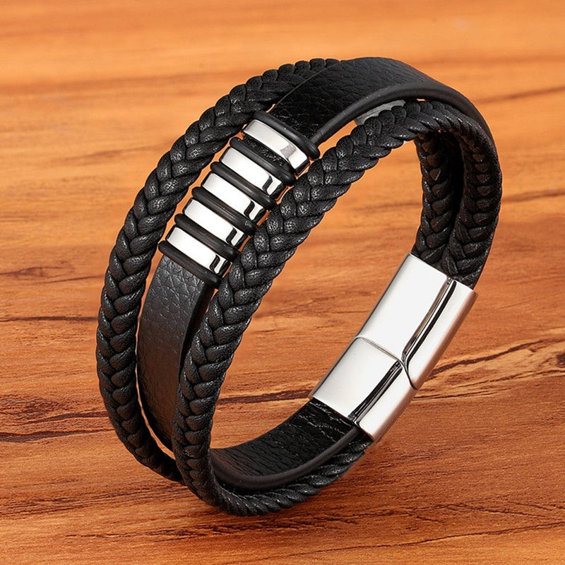 TYO High Quality Stainless Steel Charm Stackable Layered Bracelet Leather Genuine Braided Black Bracelet for Men&