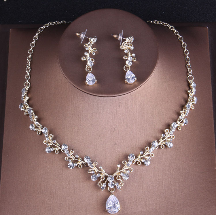 Baroque Vintage Gold Color Crystal Pearl Costume Jewelry Sets Rhinestone Choker Necklace Earring Tiara Crown Wedding Jewelry Set