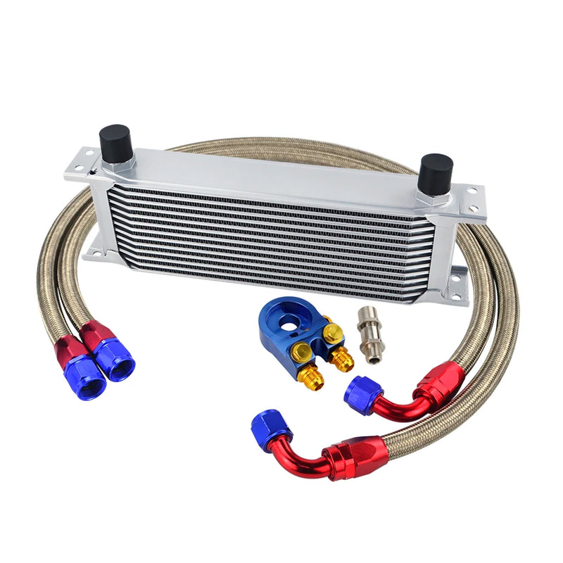 Universal 13 Rows Oil Cooler Kit + Oil Filter Sandwich Adapter + Nylon Stainless Steel Braided An10 Hose W/ PQY Sticker+Box