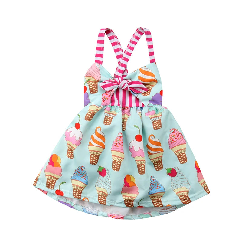 Princess Girls Summer Toddler Kids Sleeveless Ice Cream Print Strap Tutu Party Dress Sundress Clothes