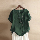 Vintage Cotton Linen Blouse 2022 Summer Boho Loose Tunic Tops Women Casual O Neck Short Sleeve Work Shirts Button Female Blusas