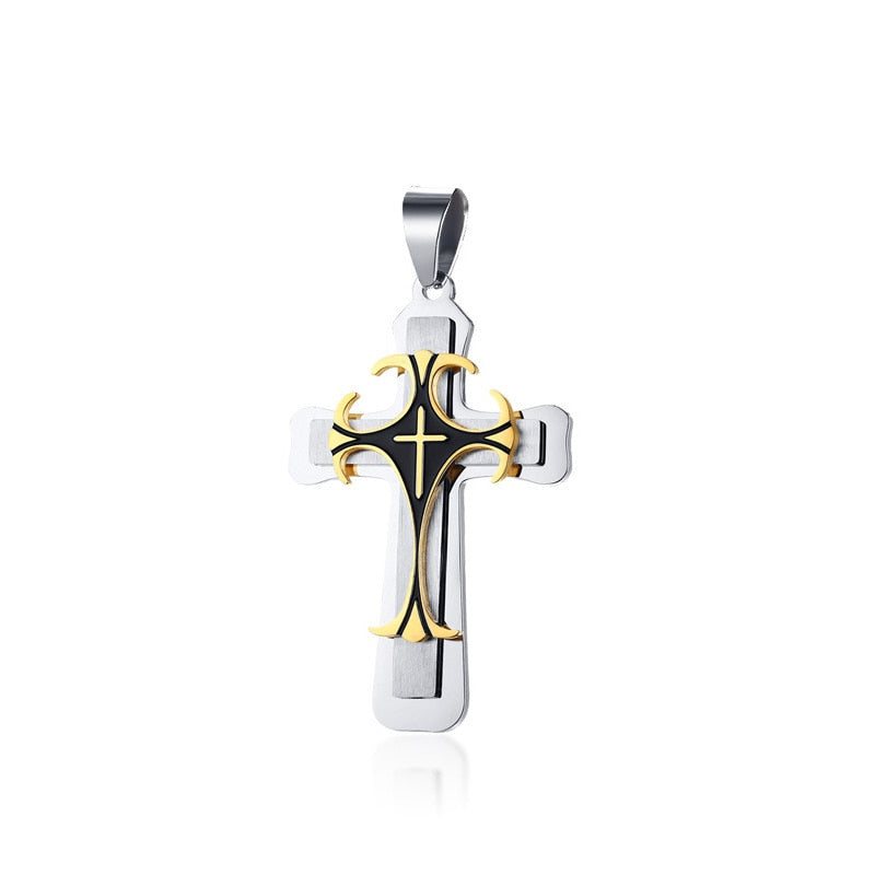 Vnox Cross Necklace For Men Byzantine Gold Color Stainless Steel Chain Catholic Crucifix Pendant Male Punk Rock Ornaments