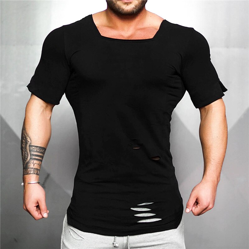 Muscleguys Brand 2023 New Fashion Solid Ripped T Shirt Mens Hip Hop Extend T Shirt Men Destroy Hole Cotton Fitness T shirt Homme