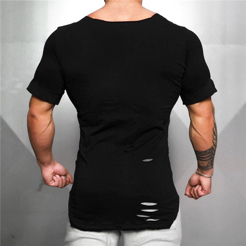 Muscleguys Brand 2023 New Fashion Solid Ripped T Shirt Mens Hip Hop Extend T Shirt Men Destroy Hole Cotton Fitness T shirt Homme