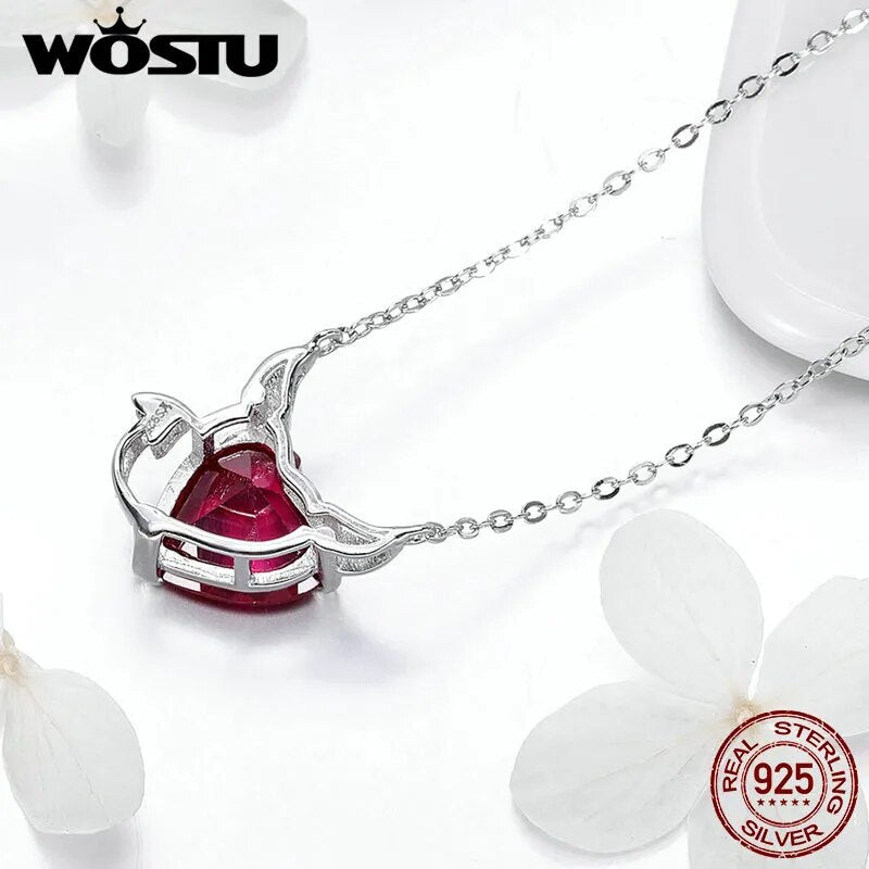 WOSTU Authentic 925 Sterling Silver Angel&Demon Red CZ Pendant Necklaces For Girl Women Luxury Fashion Jewelry Party Gift CQN285