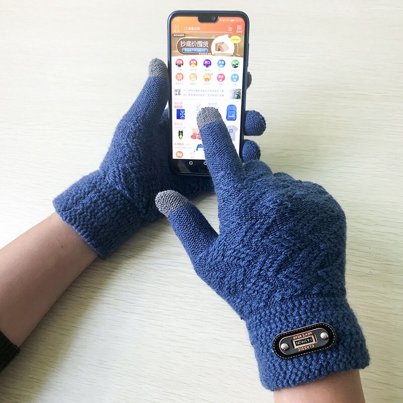 Fashion Winter Acrylic Wool Plus Plush Thick Jacquard Knit Warm Half Finger Mittens Men Full Finger Touch Screen Gloves C2