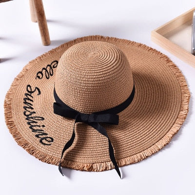 Handmade Weave letter Sun Hats For Women Black Ribbon Lace Up Large Brim Straw Hat Outdoor Beach hat Summer Caps Chapeu Feminino