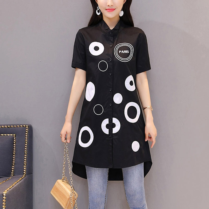 Women Letter Dot Embroidery Long White Blouse Full Sleeve Female Front Short Back Long Shirt Stand Collar 4XL Oversize Top T9642