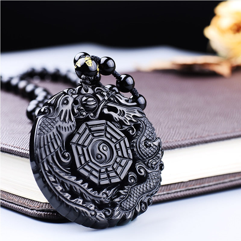 Black Obsidian Carving Dragon and Phoenix Necklace Pendant Obsidian Lucky Pendants