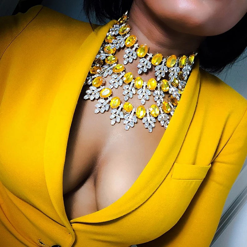 Miwens 2021 New Yellow Color Crystal Necklace Long Big Lady Chain Charm Fashion Party Statement DIY Hot Sale Accessories A551