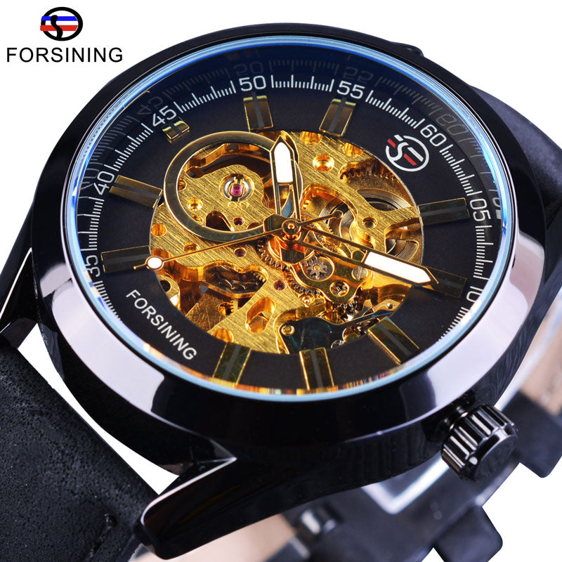 Forsining Blue Light Glass Mens Casual Sport Watch Leather Military Automatic Men Mechanical Wrist Watch Skeleton Luminous Clock