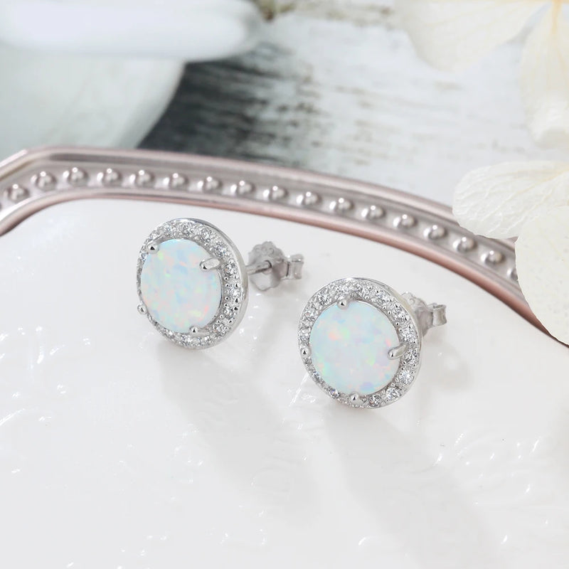10mm Blue Opal Stone 925 Sterling Silver Stud Earrings Ocean Style Fashion Earrings for Women Gift for Her (Jewelora EA102018)