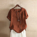 Vintage Cotton Linen Blouse 2022 Summer Boho Loose Tunic Tops Women Casual O Neck Short Sleeve Work Shirts Button Female Blusas