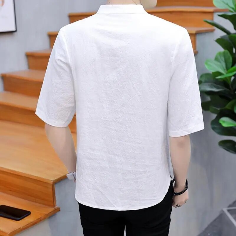 Summer wear new cotton and linen short sleeve T-shirt men's fashion China wind plate button collar half sleeve shirt size T-shir
