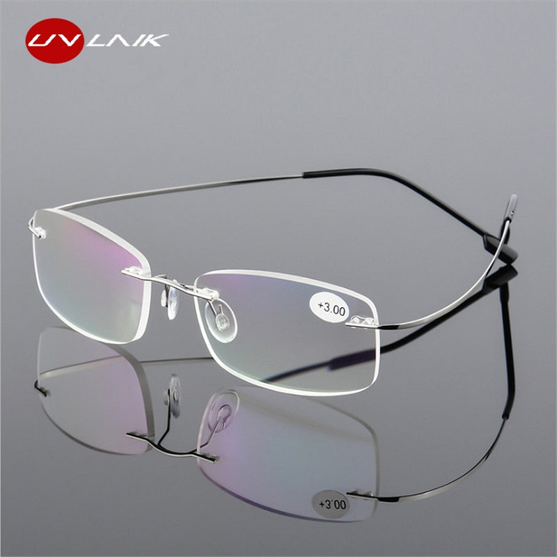 UVLAIK Stainless Steel Reading glasses Rimless Men Women Reading Glasses Definition Anti Fatigue Ultralight Frameless Eyewear