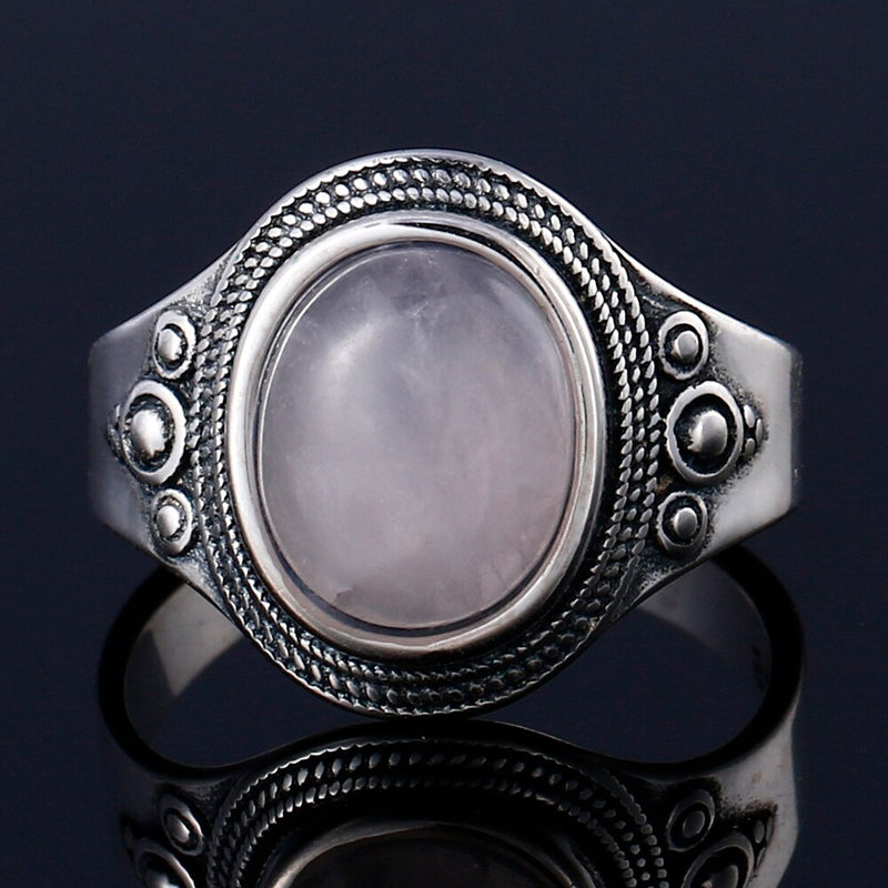 New Vintage Exquisite Jewelry Vintage Texture Rose Quartz 8X10MM Ring 925 Sterling Silver Lady Anniversary Gift