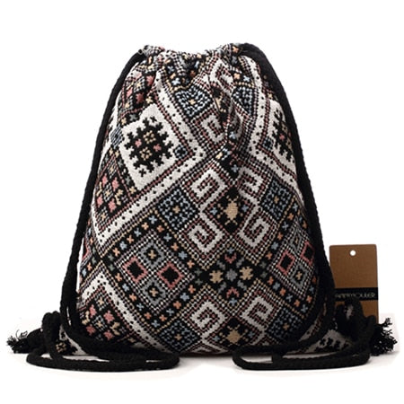 Annmouler Women Vintage Backpack Brand Canvas Shoulder Bag Bohemian Style String Bag Travel Storage Organizer Cotton Tribal Bag