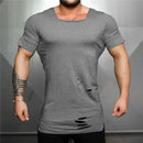 Muscleguys Brand 2023 New Fashion Solid Ripped T Shirt Mens Hip Hop Extend T Shirt Men Destroy Hole Cotton Fitness T shirt Homme