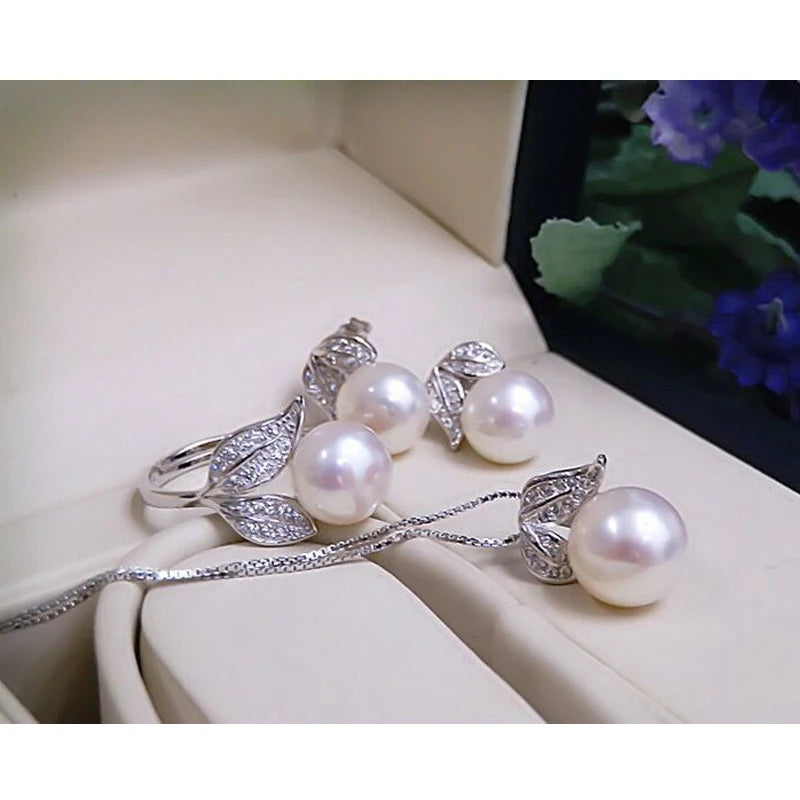 Pearl earrings necklace Pendant ring for women natural Freshwater white pearl jewelry set 925 sterling silver jewelry sets gift