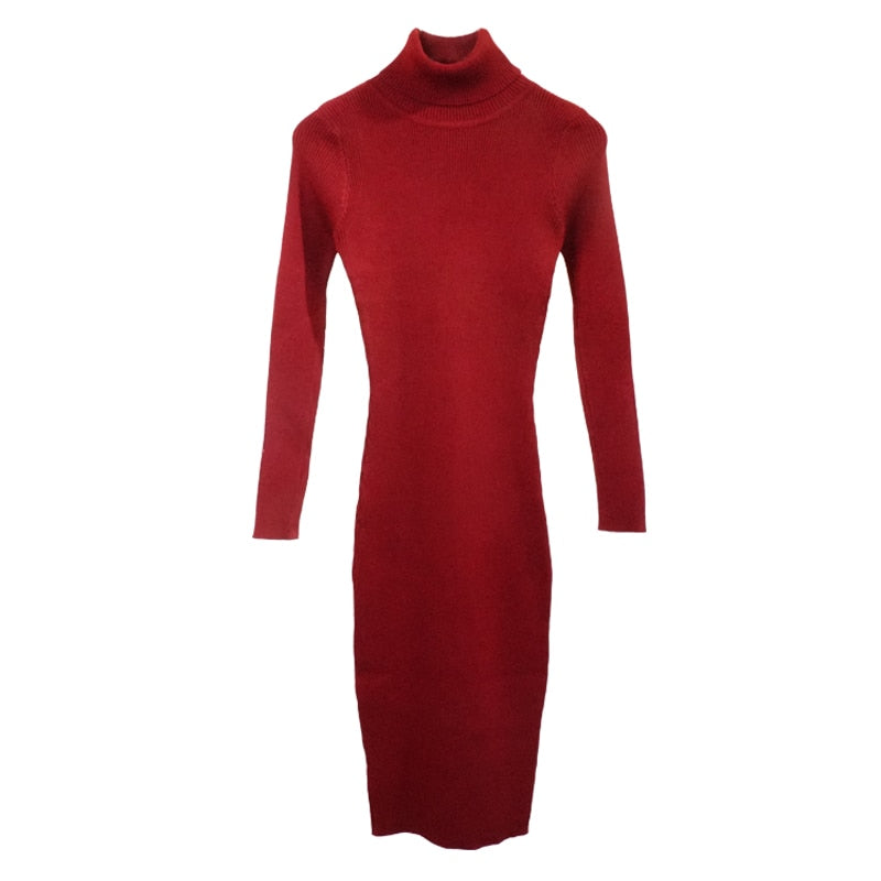 New Autumn Winter Women Knitted Dress Turtleneck Sweater Dresses Lady Slim Bodycon Long Sleeve Bottoming Dress Vestidos PP003