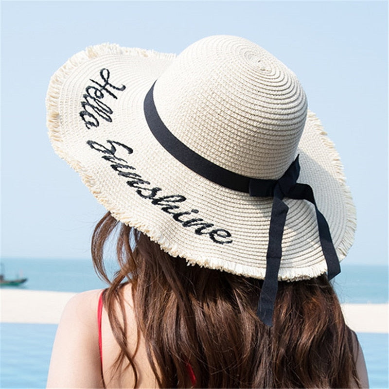 Handmade Weave letter Sun Hats For Women Black Ribbon Lace Up Large Brim Straw Hat Outdoor Beach hat Summer Caps Chapeu Feminino