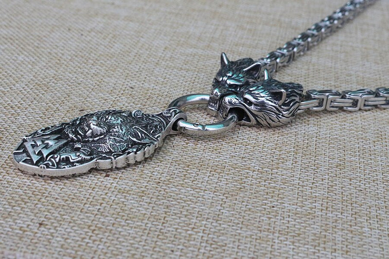 viking Men stainless steel necklace viking wolf head with norse Fenrir wolf  mjolnir pendant norse talisman ethnic jewelry