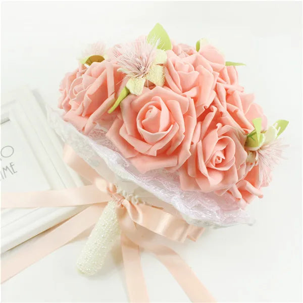 YO CHO Bridal Wedding Bouquet Bridesmaid Artificial PE Rose Flower Fake Pearl Pink Bouquet Wedding Supplies Festival Decorations